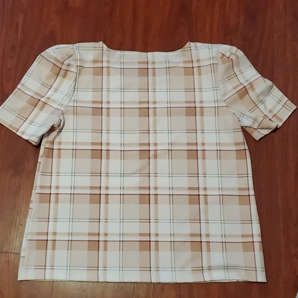 Ann Taylor Factory Blouse Womens Size XL Plaid Top Short Sleeve Cottagecore